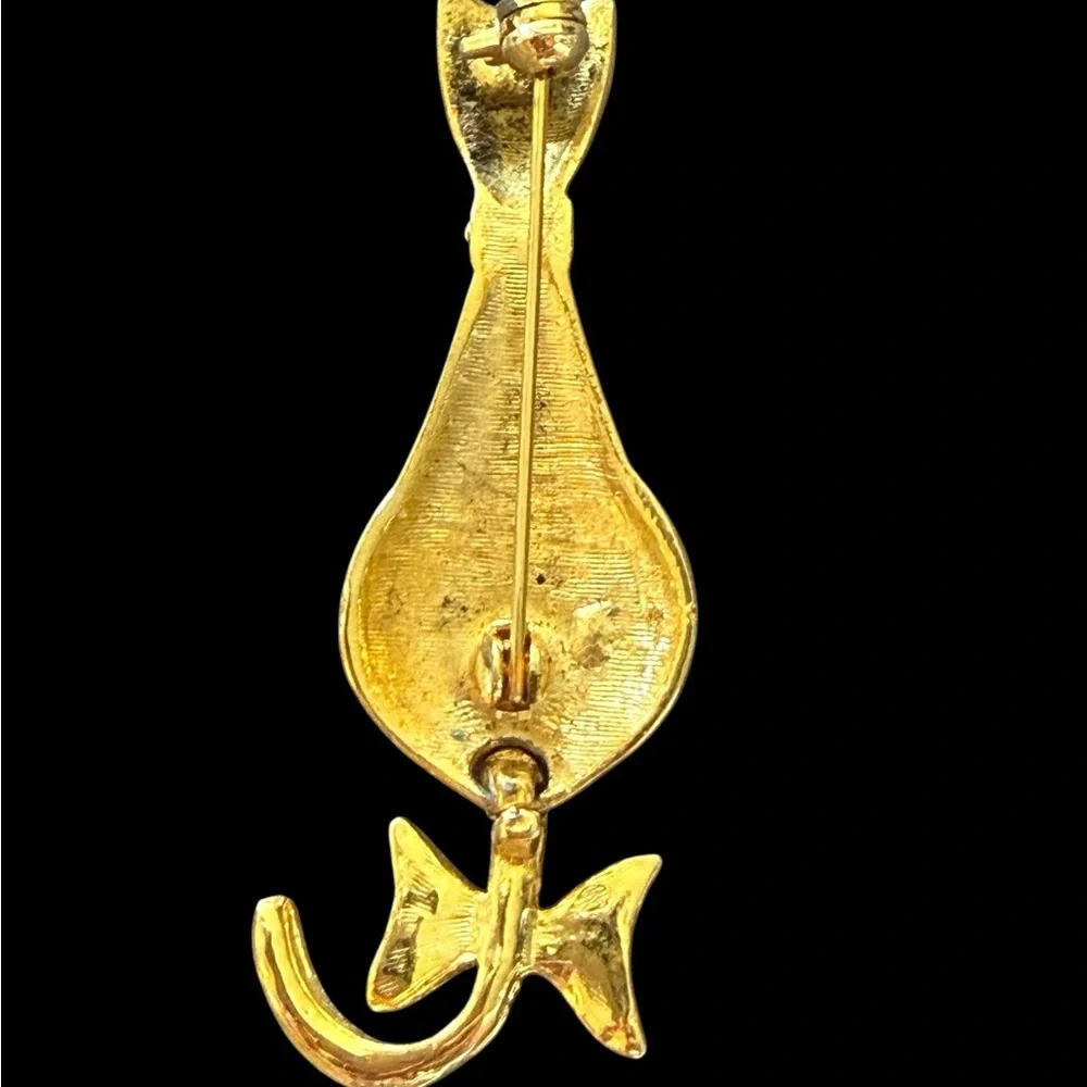 Vintage Gold Tone Cat Brooch Rhinestone Bow Kitty Pin Retro Cute 2.25”
